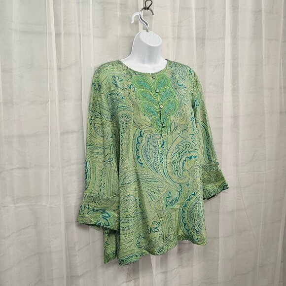 Coldwater Creek Green Blue Paisley Silk Blouse Peasant Retro Embroidered PL - Picture 6 of 13